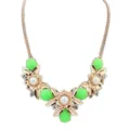 Gold-tone statement necklace with vibrant green beads, faux pearls, and sparkling rhinestones. - Green Flower Pearl Necklace (N1791-1 Green)