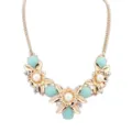 Gold-tone floral statement necklace featuring turquoise stones, pearls, and sparkling crystals. - Blue Floral Pearl Necklace (N1791-4 Blue)