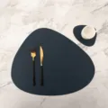 European style PU leather placemat and coaster set, waterproof and heat resistant dining mat. - Irregular Leather Placemat with Coaster / Blue + Grey
