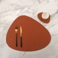 PU leather placemat and coaster set, irregular shaped brown table mat for dining room. - Irregular Leather Placemat with Coaster / Brown And Black