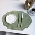French style leather placemat faux velvet oval table mat for dining room home decoration setup - Embroidered Edge Forest Green