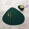 European style leather placemat and coaster set waterproof heat resistant table mat green PU - Irregular Leather Placemat with Coaster / Dark Green + Creamy White