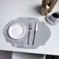 Grey oval leather placemat faux velvet heat insulation pad French style table mat for dining - Embroidered Edge Silver Stone Gray