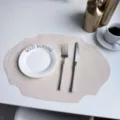 Elegant French style leather placemat oval velvet heat insulation mat for dining table decor - Embroidered Edge Pearl White