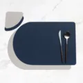 Nordic PU Leather Placemat and Coaster Set Waterproof Heat Insulated Table Mat for Dining - Placemat & Coaster / Blue + Grey