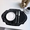 Black faux velvet leather placemat with white stitching, elegant French style dining table decor. - Embroidered Style Black