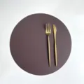 Round PU leather placemat with gold cutlery set for dining table decor and kitchen use - Round Placemat 32 cm / Coffee & White