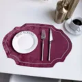 French style leather placemat oval faux velvet heat insulation mat home table decor - Embroidered Style Wine Red