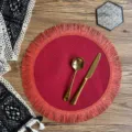 Round red jute placemat with fringe, stylish woven table mat for dining and home decor. - Christmas Red