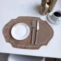 French style leather placemat, oval heat insulation mat, elegant desktop table decor. - Embroidered Style Yellowish Brown