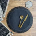 Round black woven placemat with fringe, stylish jute table mat for kitchen dining and home decor. - Classical Black