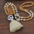 Bohemian long wooden bead sweater necklace with tassel and peace sign pendants for women - Vintage Wood Bead Off-White Tassel Style (N2368)