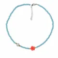 Light blue crystal beaded necklace with pearl and pink flower pendant, short clavicle chain style. - N2498