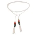 White leather tassel necklace and sweater chain with wooden beads and woven rope belt for women. - White