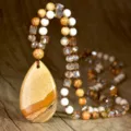 Collana boho in diaspro paesaggio naturale ciondolo goccia con perle cristallo donna. - N2860 Diaspro Paesaggio Ciondolo a Goccia Stile