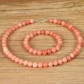 Pink sunstone bracelet necklace set 8mm natural stone jewelry gift for women elegant retro style - Orange Red