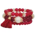 Pulsera de cuentas multicapa bohemia para mujer con borla roja estilo caramelo dulce - Rojo (B1493-03)