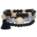 Pulsera de cuentas multicapa para mujer estilo bohemio con borla y cuentas negras - Negro (B1493-01)