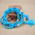 Pulsera multicapa de cuentas azules bohemias con borla cuerda elástica estilo playa - Azul