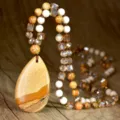 Handcrafted natural stone teardrop pendant beaded necklace for women, stylish sweater chain. - Jasper