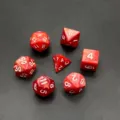 Macro view of 7-piece red marbled polyhedral dice set for DND tabletop RPG games - Marble Texture (Red) / Pack of 7