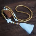 Handmade Wooden Bead Sweater Necklace with White Cross and Tassel Long Boho Jewelry - Cross Style