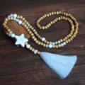 Bohemian long wooden bead necklace with white tassel and star pendant for women sweater. - Star Style