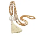 Bohemian long wooden bead necklace with tassel and peace sign pendant, chic style. - White Tassel Style (N2368)