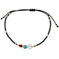 Braccialetto amicizia perle nere con perla turchese e cristallo rosso gioielli boho - B1640-Y04 / Nero