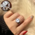 Retro Thai silver open ring with round badge and chain design for women daily wear - Adjustable Open / Zigzag Letter Badge Style (R1363B)