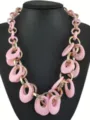 Pink chunky link statement necklace, fashionable acrylic and gold chain collar jewelry. - Pink and Gold Spliced Big Ring Buckle Style (N1683-2 Pink)