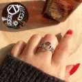 Retro Thai silver open ring with geometric circle symbol and chain band hip-hop style - Adjustable Open / Chain Geometric Circle Style (R1351B)