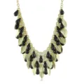Elegant statement bib necklace with gold chains, black teardrop beads and leaf charms. - Black Tear Drop Pendant Multi Layer Style (N1530-1 Black)