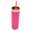 Closeup of the matte pink tumbler featuring a shiny rose gold lid and matching straw detail. - Rose Red