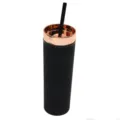 Close up of 16oz matte black tumbler with rose gold lid and straw, modern design detail. - Black