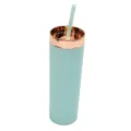 Detail shot of 16oz frosted matte green tumbler with rose gold electroplated rim and straw - Light Green