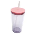 16oz double wall plastic tumbler with pink lid and straw clear reusable travel water cup - Pink