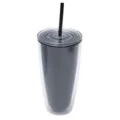 Doppelwandiger isolierter Plastikbecher mit Strohhalm und transparentem Deckel in Schwarz - Schwarz