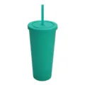 Vista dettagliata di un bicchiere in plastica a doppia parete verde opaco con coperchio. - 24oz / Ciano