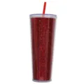 Bicchiere in plastica doppia parete glitter rosso con coperchio e cannuccia, dettaglio. - Glitter grande rosso Cina