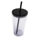 Detail view of 16oz clear double wall plastic tumbler featuring black lid and straw. - Black