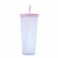 Detailed view of the frosted plastic straw tumbler, showing the smooth texture and pink lid. - Lavender