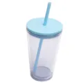 Close-up detail of the clear double wall plastic tumbler with blue straw and lid. - Light Blue