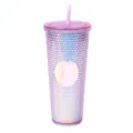 Detailed view of the 24oz pink studded tumbler, double wall plastic cup with straw and lid. - Transparent Purple
