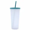 Frosted plastic tumbler detail, double wall insulated design with straw and lid. - Army Green