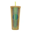 24OZ Diamond Studded Tumbler Double Wall Plastic Straw Cup Holographic Gold Drinkware - Transparent Gold