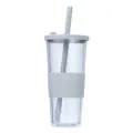 Clear plastic tumbler with straw and silicone sleeve, ideal for cold drinks and boba tea. - 24oz / Gray