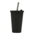 Black double layer plastic tumbler 480ml with stainless steel straw and lid variant - Black