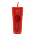 24OZ Red Studded Tumbler Double Wall Plastic Cup with Straw Creative Diamond Pattern Drinkware - Transparent Red