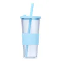Clear double layer plastic straw cup with blue lid and silicone sleeve for boba water. - 24oz / Light Blue